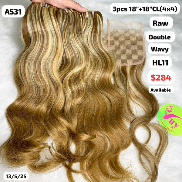 3pcs 18" and 18" 4x4 closure Wave double drawn highlight HL11 color raw hair (A531)