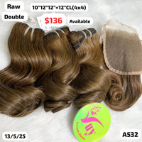 10"12"12" and 12" 4x4 closure Wave double drawn brown color raw hair (A532)