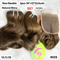 2pcs 10" and 12" 4x4 closure Wave double drawn brown color raw hair (A533)