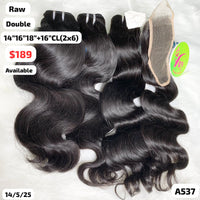 14"16"18" and 16" 2x6 closure  Body wavy double drawn raw hair (A537)