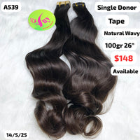 100g 26" tape ins Natural wavy single donor hair (A539)