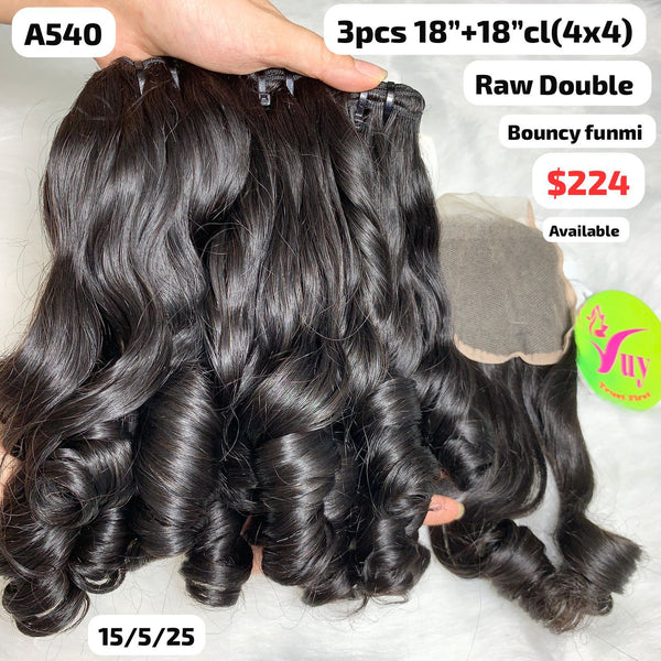 3pcs 18" and 18" 4x4 closure Bouncy funmi double drawn raw hair (A540)