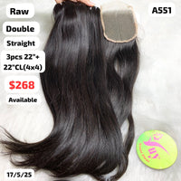 3pcs 22" and 22" 4x4 closure Straight double drawn raw hair (A551)