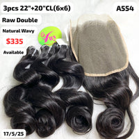 3pcs 22" and 20" 6x6 closure Natural wavy double drawn raw hair (A554)