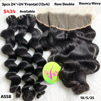 3pcs 24" and 24" 13x4 frontal Bouncy wavy double drawn raw hair (A558)
