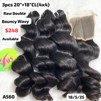 3pcs 20" and 18" 4x4 closure Bouncy wavy double drawn raw hair (A560)