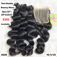 3pcs 22" and 20" 5x5 closure Bouncy wavy double drawn raw hair (A559)