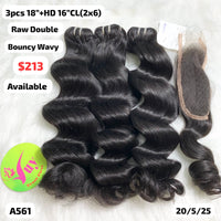 3pcs 18" and 16" 2x6 HD closure Bouncy wavy double drawn raw hair (A561)