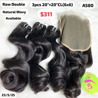 3pcs 20" and 20" 6x6 closure natural wave double drawn raw hair (A580)
