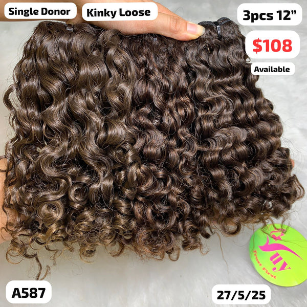 3pcs 12" Kinky loose curly single donor hair (A587)