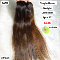 3pcs 22" Straight Cambodian single donor hair (A591)