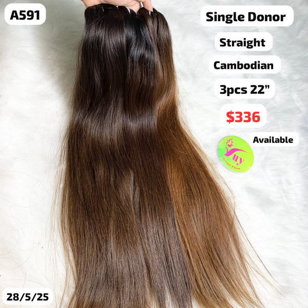 3pcs 22" Straight Cambodian single donor hair (A591)