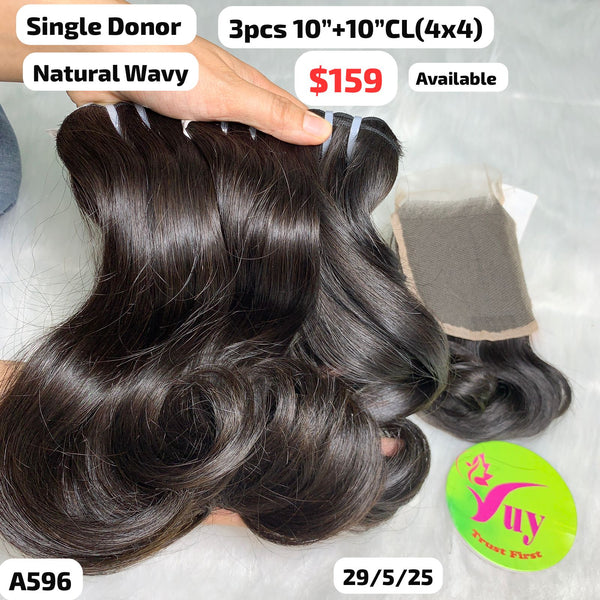3pcs 10" and 10" 4x4 closure Natural wave single donor hair (A596)
