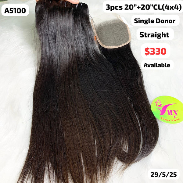 3pcs 20" and 20" 4x4 closure Straight single donor hair (A5100)
