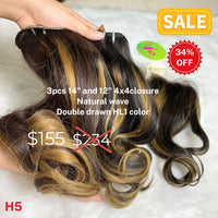 3pcs 14" and 12" 4x4 closure Natural wave double drawn HL1 color hair (H5)