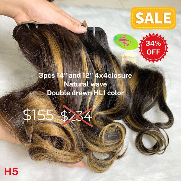 3pcs 14" and 12" 4x4 closure Natural wave double drawn HL1 color hair (H5)