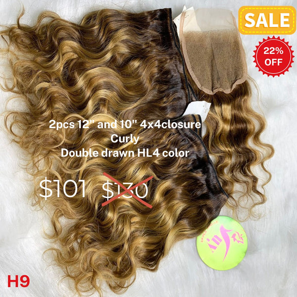 2pcs 12" and 10" 4x4 closure curly double drawn HL4 color hair (H9)