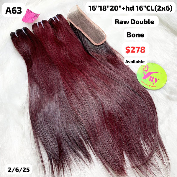 16"18"20" and 16" 2x6 HD closure bone straight double drawn raw hair (A63)
