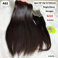 3pcs 16" and 14" 4x4 HD closure straight single donor hair (A62)