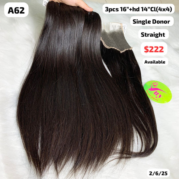 3pcs 16" and 14" 4x4 HD closure straight single donor hair (A62)