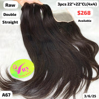 3pcs 22" and 22" 4x4 closure straight double drawn raw hair (A67)