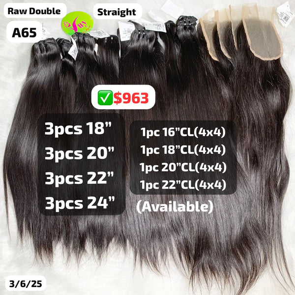 DEAL 12 bundles 18" to 24" and 4pcs 4x4 closure straight double drawn raw hair (A65)