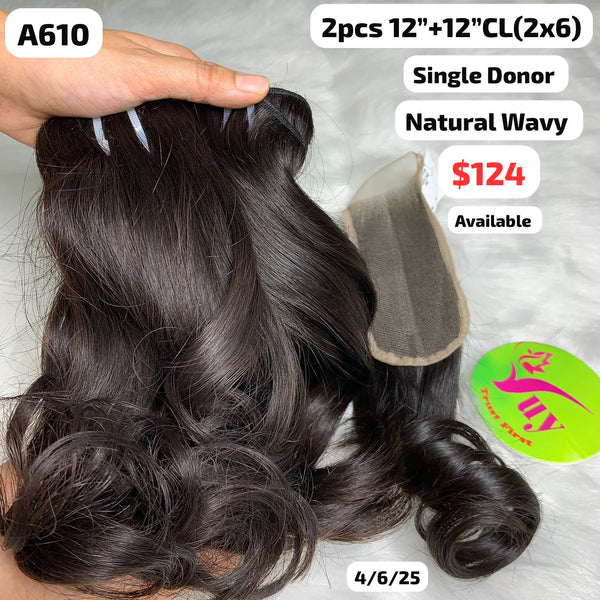 2pcs 12" and 12" 2x6 closure natural wavy single donor hair (A610)