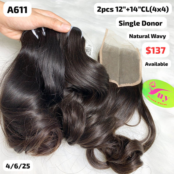 2pcs 12" and 14" 4x4 closure natural wavy single donor hair (A611)