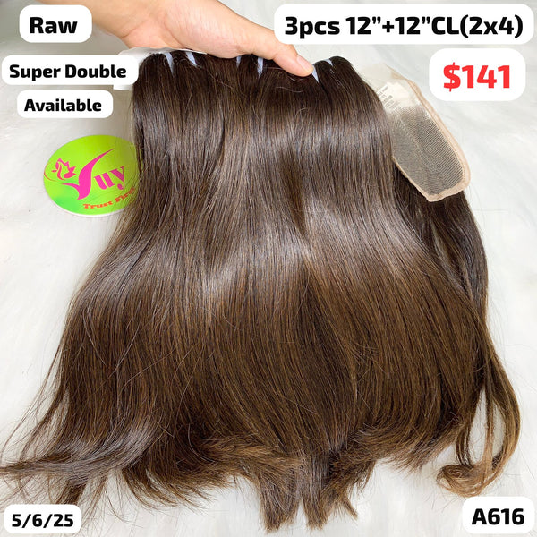 3pcs 12" and 12" 2x4 closure Straight super double drawn raw hair (A616)