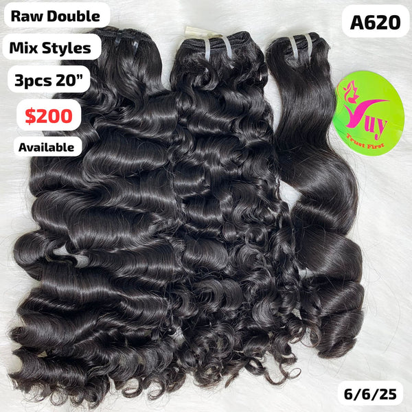 3pcs 20" Mix styles wavy and curly double drawn raw hair (A620)