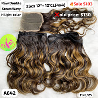 2pcs 12" and 12" 4x4 closure steam wavy double drawn raw hair highlight color (A642)