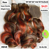 18"20"22" and 16" 5x5 closure Natural wavy super double drawn highlight color raw hair (A648)