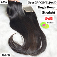 3pcs 24" and 20" 4x4 closure straight single donor hair (A654)