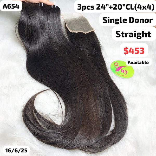3pcs 24" and 20" 4x4 closure straight single donor hair (A654)