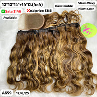 12"12"14" and 14" 4x4 closure Steam wavy double drawn raw hair highlight color (A659)