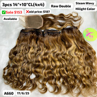 3pcs 14" and 10" 4x4 closure steam wavy double drawn raw hair highlight color (A660)