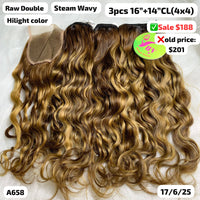 3pcs 16" and 14" 4x4 closure steam wavy double drawn raw hair highlight color (A658)
