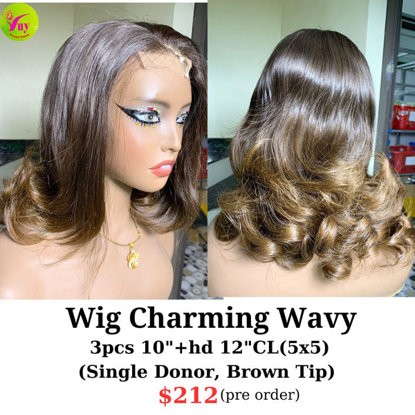 [PRE-ORDER] 10" 5x5 HD closure wig charming wave single donor hair brown tip (made from 3pcs 10" bundles and 12" 5x5 HD closure)