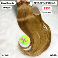 3pcs 22" and 24" 4x4 closure straight double drawn raw hair honey blonde color (A664)