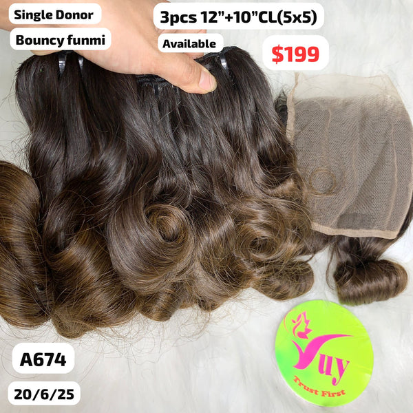 3pcs 12" and 10" 5x5 closure Bouncy funmi single donor hair (A674)
