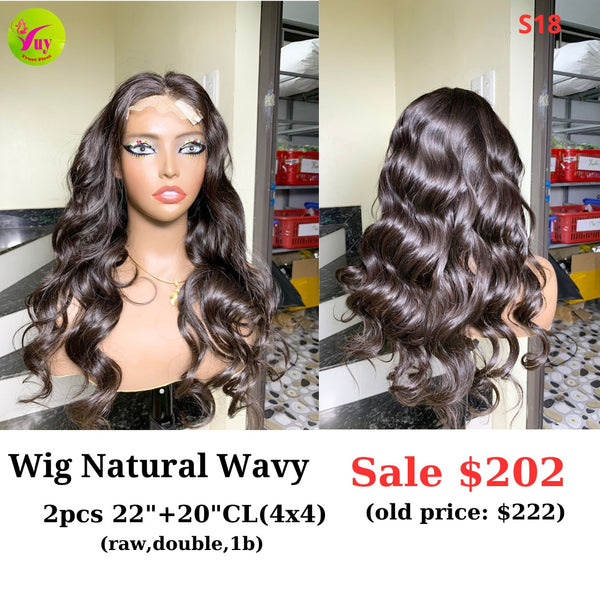 22" 4x4 closure wig Natural wavy (made from 2pcs 22" and 20" 4x4 closure double drawn raw hair) (S18)