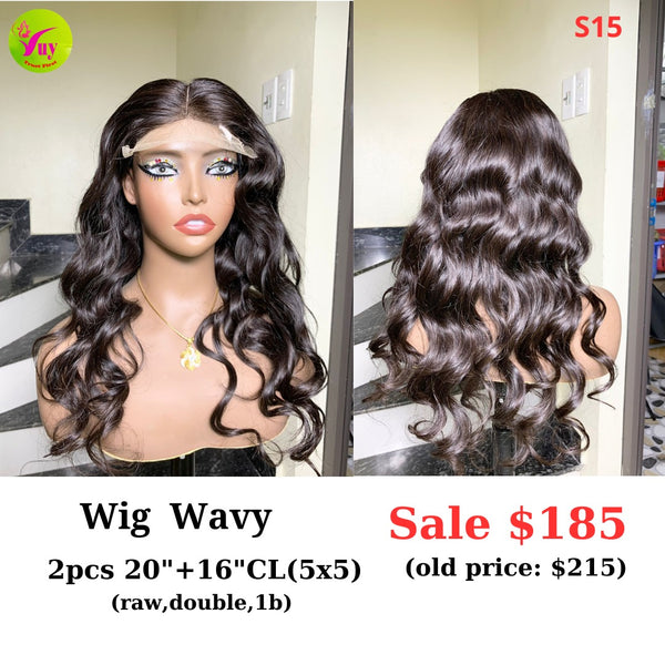 20" 5x5 closure wig Wavy (made from 2pcs 20" and 16" 5x5 closure double drawn raw hair) (S15)