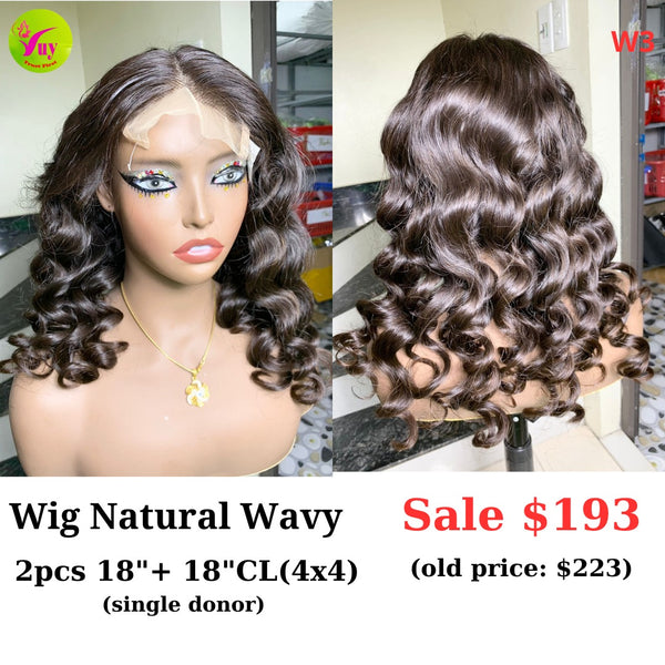 18" 4x4 closure wig Natural wavy (made from 2pcs 18" and 18" 4x4 closure double drawn raw hair) (W3)