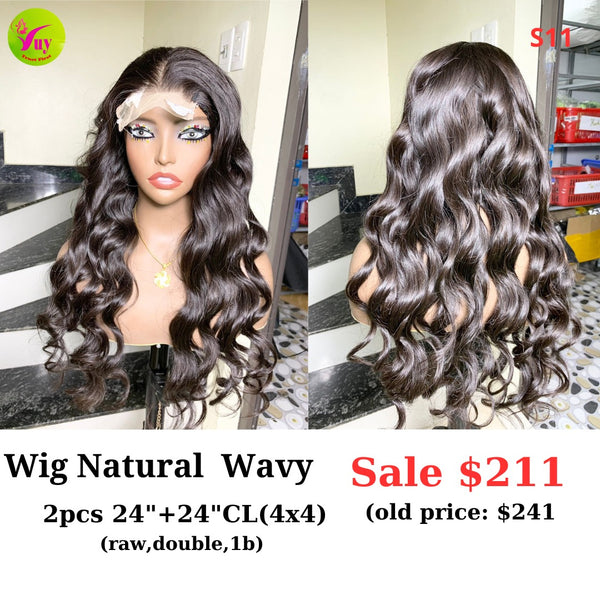 24" 4x4 closure wig Natural wavy (made from 2pcs 24" and 24" 4x4 closure double drawn raw hair) (S11)