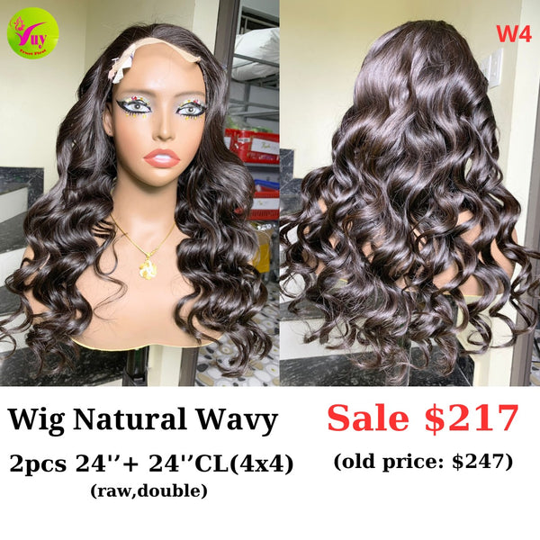 24" 4x4 closure wig Natural wavy (made from 2pcs 24" and 24" 4x4 closure double drawn raw hair) (W4)