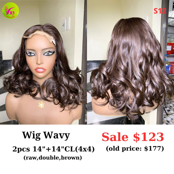 14" 4x4 closure wig Natural wavy (made from 2pcs 14" and 14" 4x4 closure double drawn raw hair) (S12)