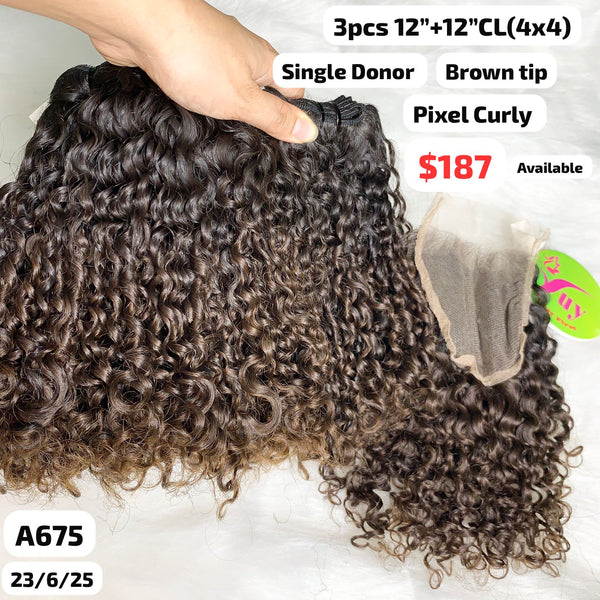 [PRE-ORDER] 3pcs 12" and 12" 4x4 closure pixel curly brown tip color single donor hair (A675)