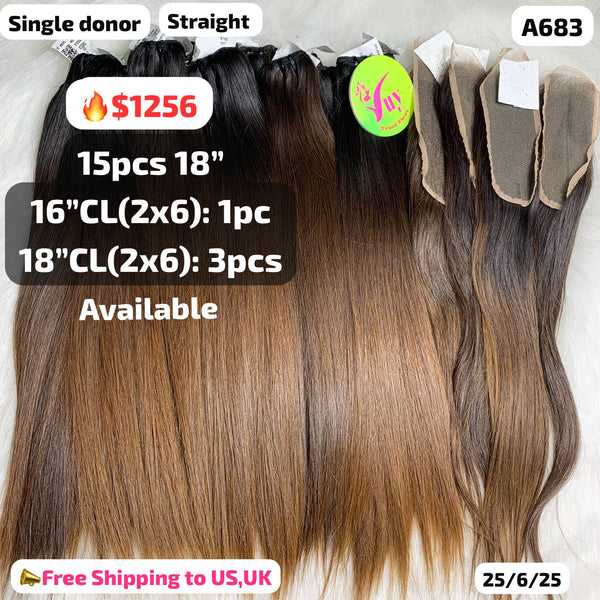 DEAL 15pcs 18" and 4pcs 2x6 closure straight single donor hair (A683)