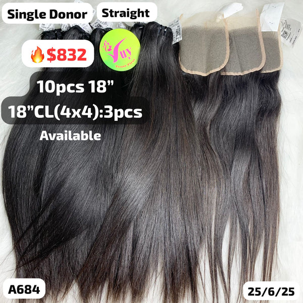 DEAL 10pcs 18" and 3pcs 4x4 closure straight single donor hair (A684)