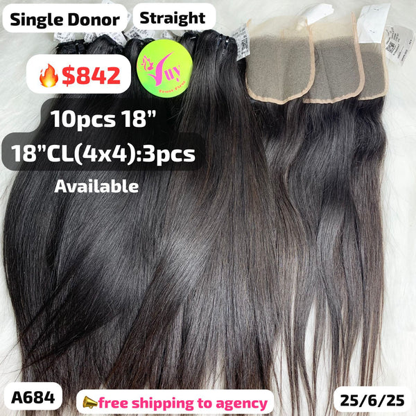 DEAL 10pcs 18" and 3pcs 4x4 closure straight single donor hair (A684)